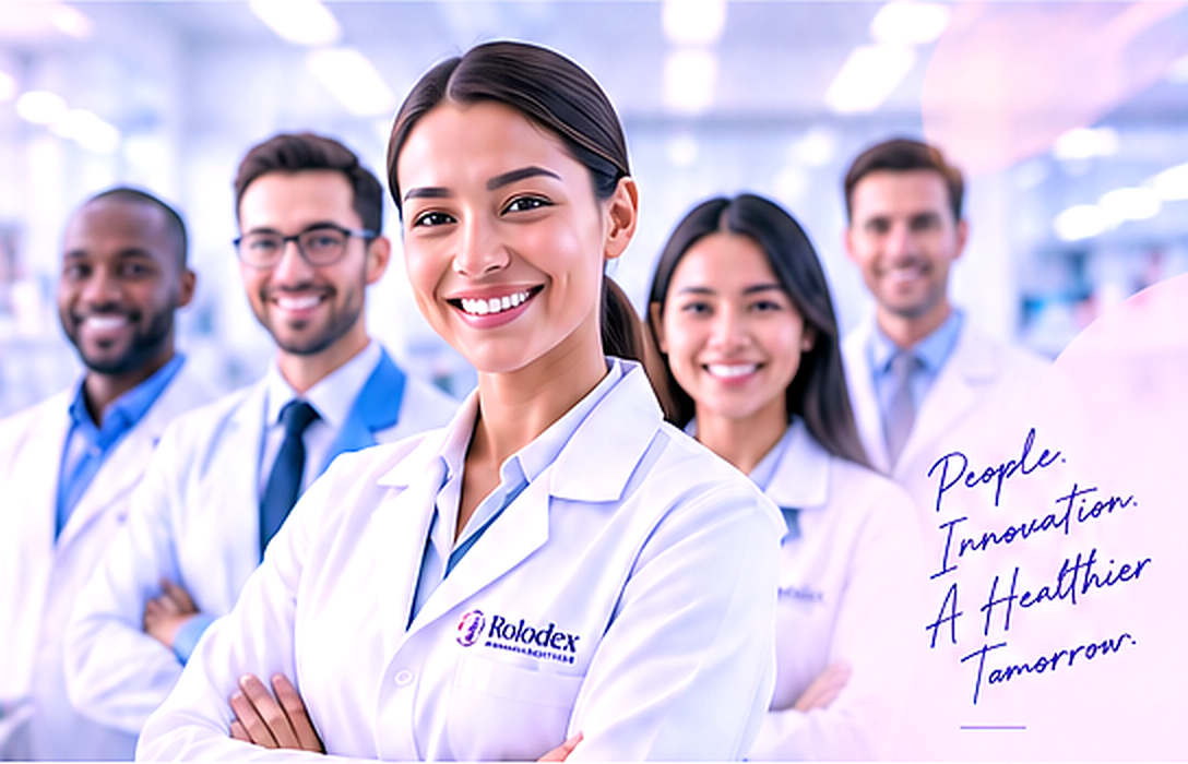 A diverse Rolodex Pharmaceuticals team with the message People. Innovation. A Healthier Tomorrow.