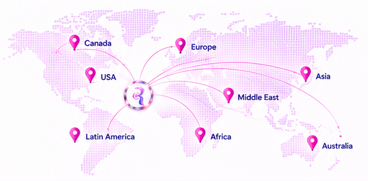 World map connecting Canada, USA, Latin America, Europe, Africa, Middle East, Asia, and Australia