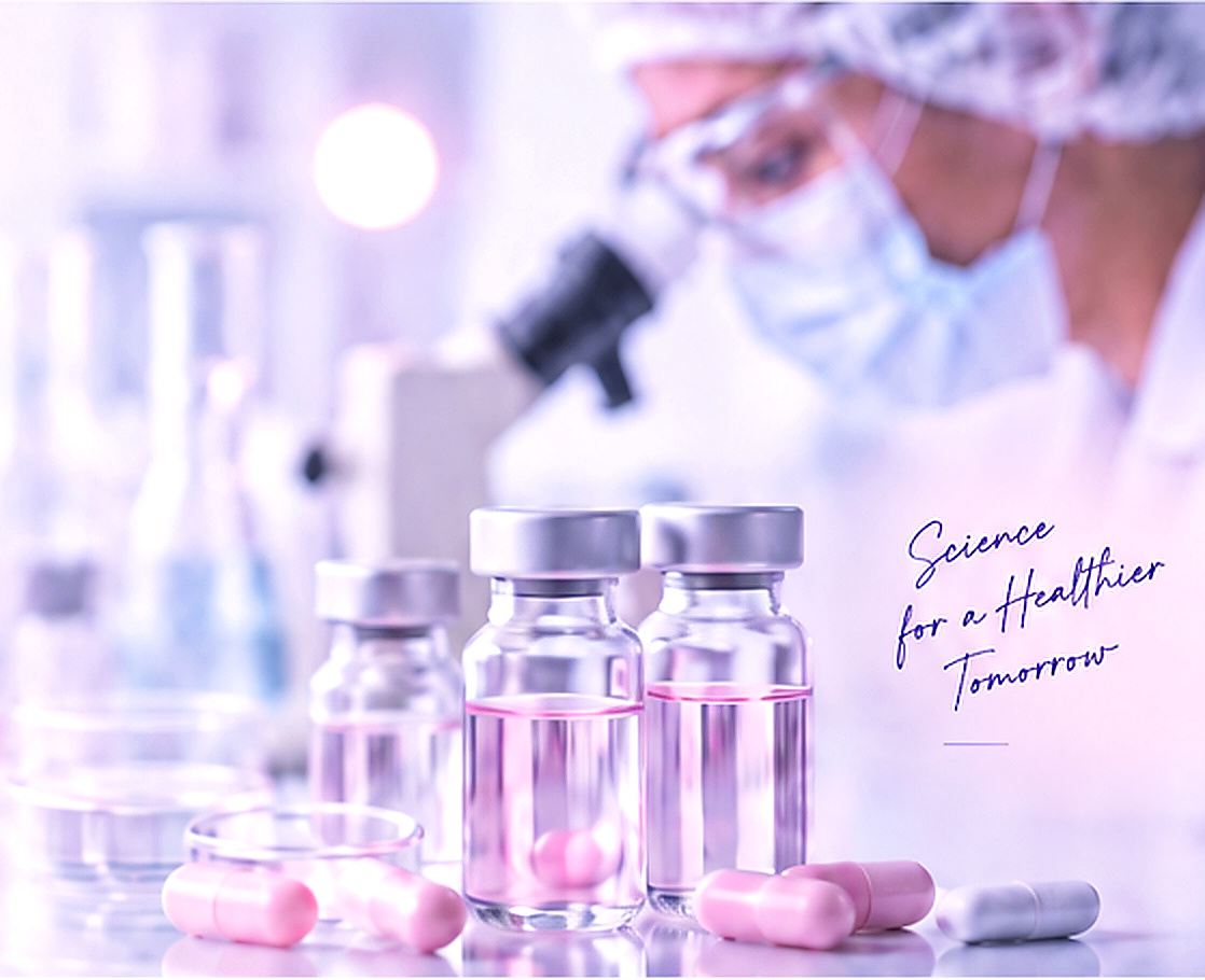 Pharmaceutical laboratory with medicine vials and capsules