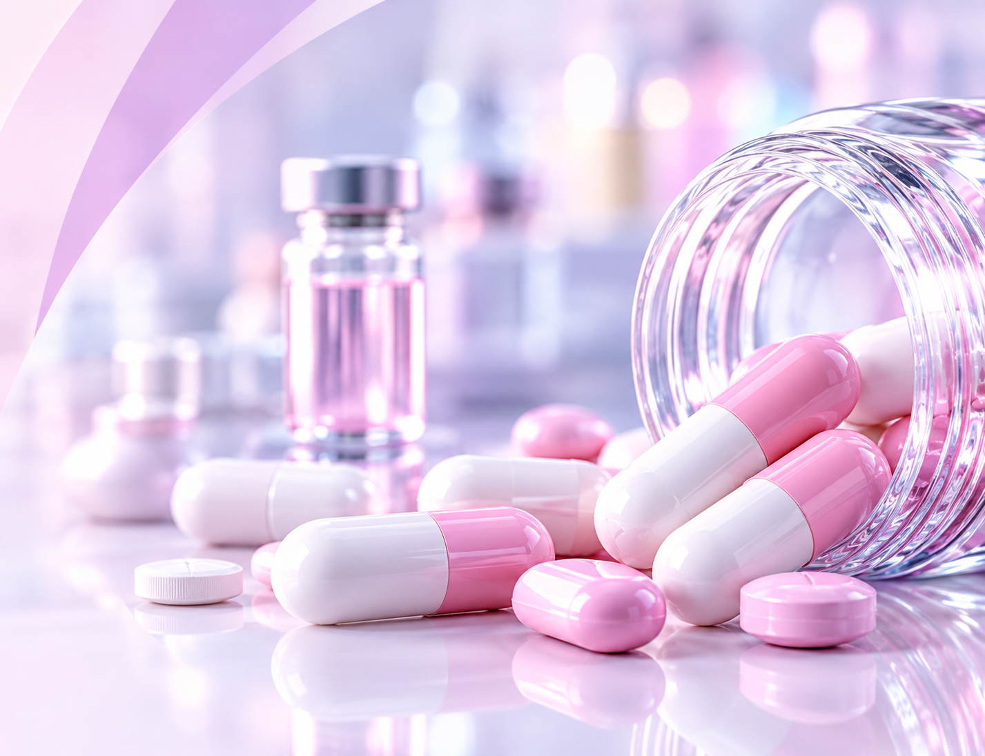 Pink and white capsules beside a glass tipped onto a surface