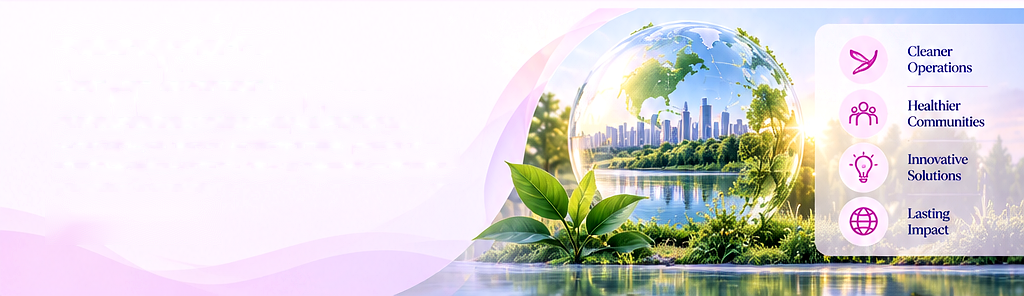 A globe, greenery, lake, and city illustrating a sustainable future