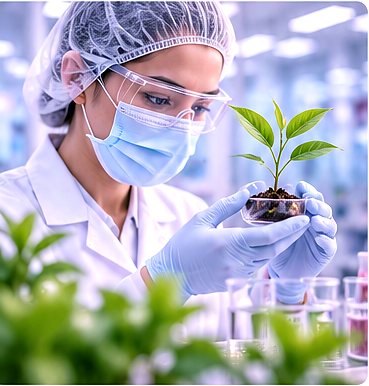 Scientist carefully holding a young plant in a laboratory